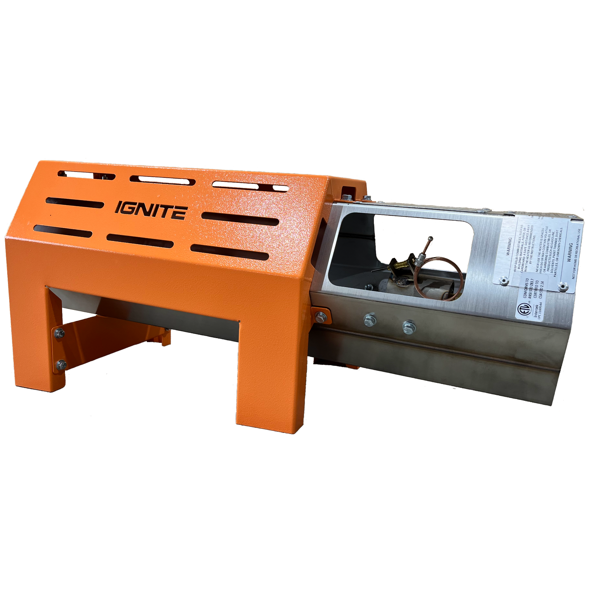 Ignite H-150 portable direct-fired propane heater delivering high-output heat in a compact, lightweight design with safety valve and 25 ft hose.
