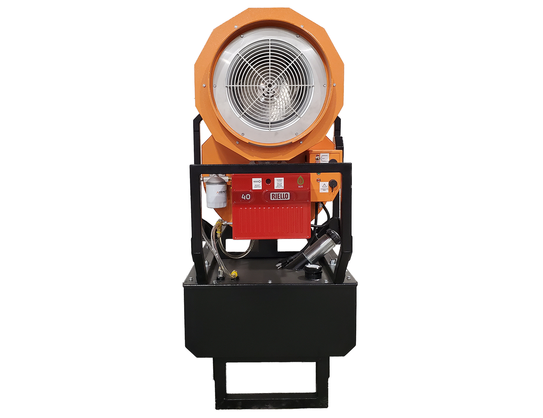 Ignite HO-200R indirect oil-fired heater providing 200,000 BTU/Hr with diesel or kerosene fuel, designed for quiet, efficient operation.