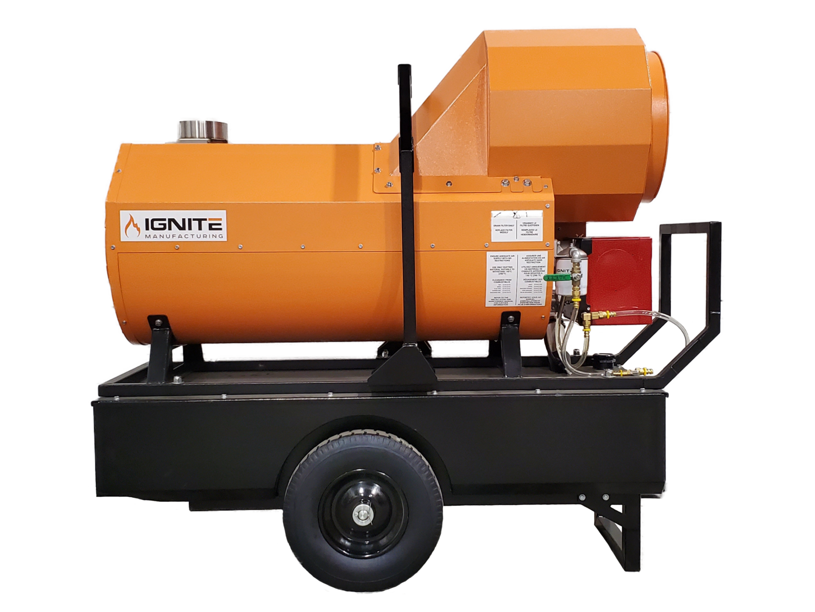 Ignite HO-200R indirect oil-fired heater providing 200,000 BTU/Hr with diesel or kerosene fuel, designed for quiet, efficient operation.
