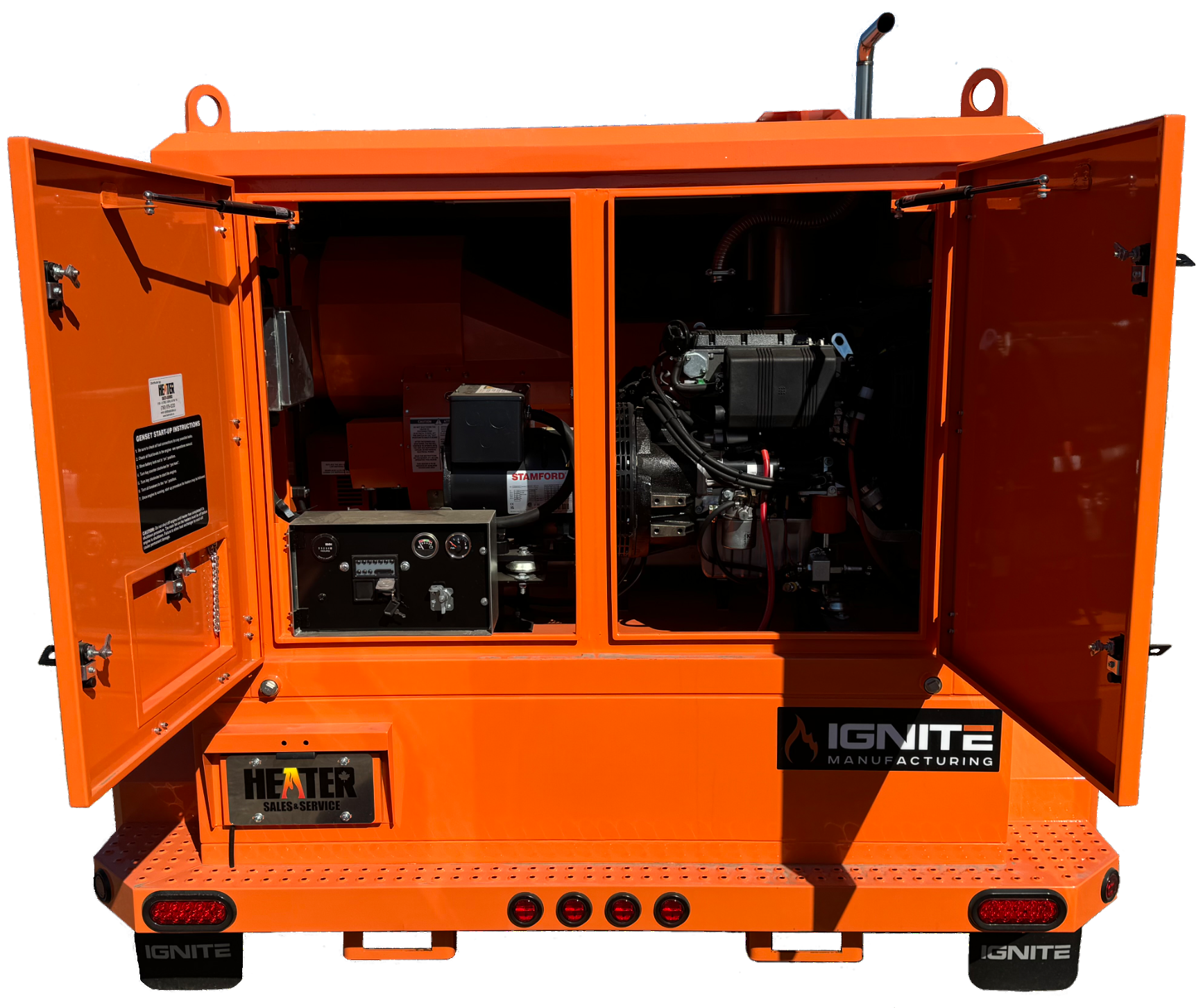 Ignite HT-TB1000 Trailblazer self-contained heat trailer with dual heaters, diesel/kerosene genset, double-walled fuel tank, and storage compartment.