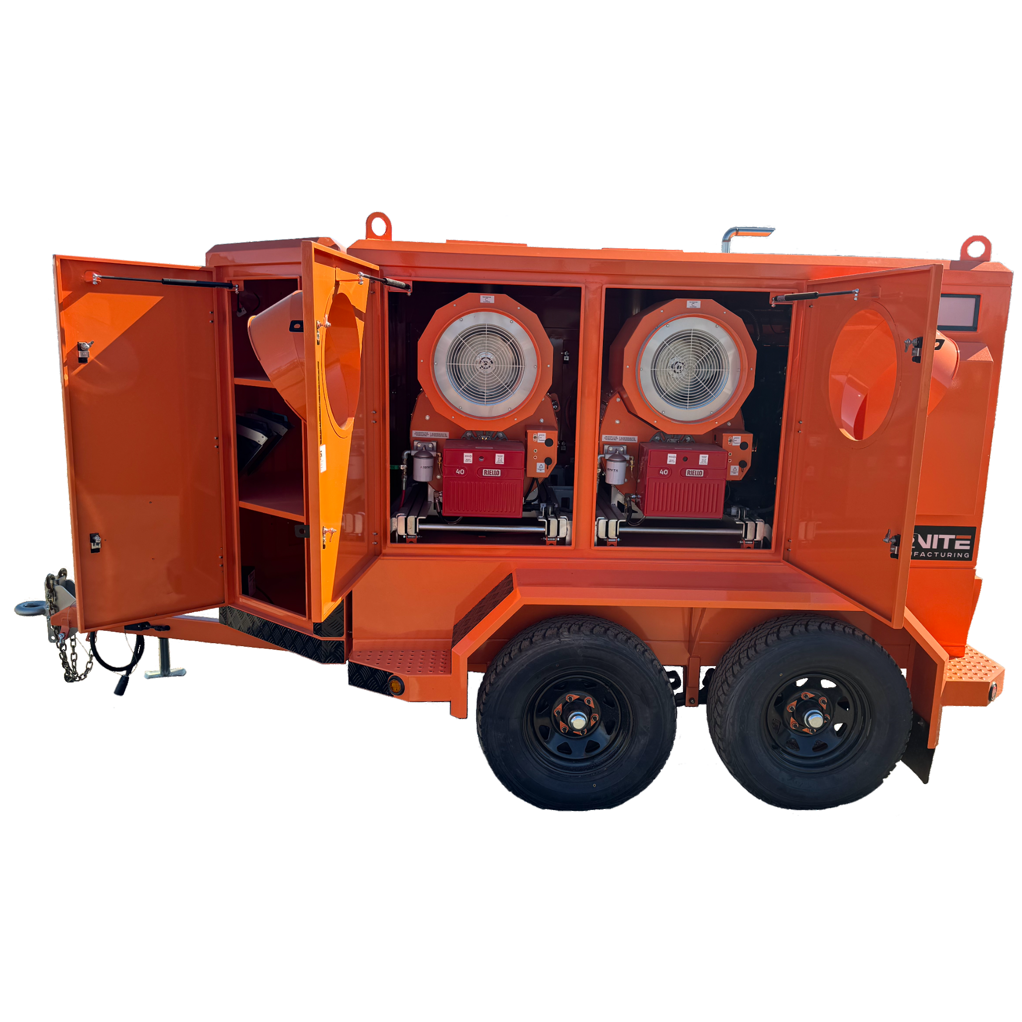 Ignite HT-TB1000 Trailblazer self-contained heat trailer with dual heaters, diesel/kerosene genset, double-walled fuel tank, and storage compartment.