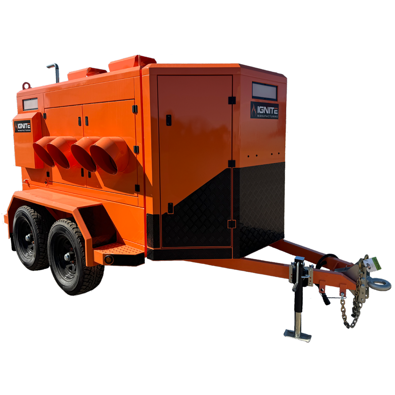 Ignite HT-TB1000 Trailblazer self-contained heat trailer with dual heaters, diesel/kerosene genset, double-walled fuel tank, and storage compartment.