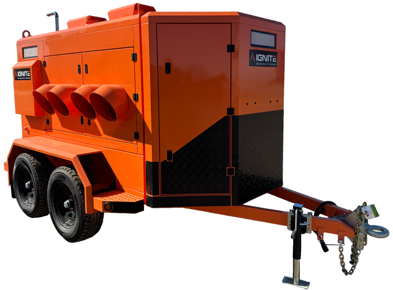 Ignite HT-TB1000 Trailblazer self-contained heat trailer with dual heaters, diesel/kerosene genset, double-walled fuel tank, and storage compartment.