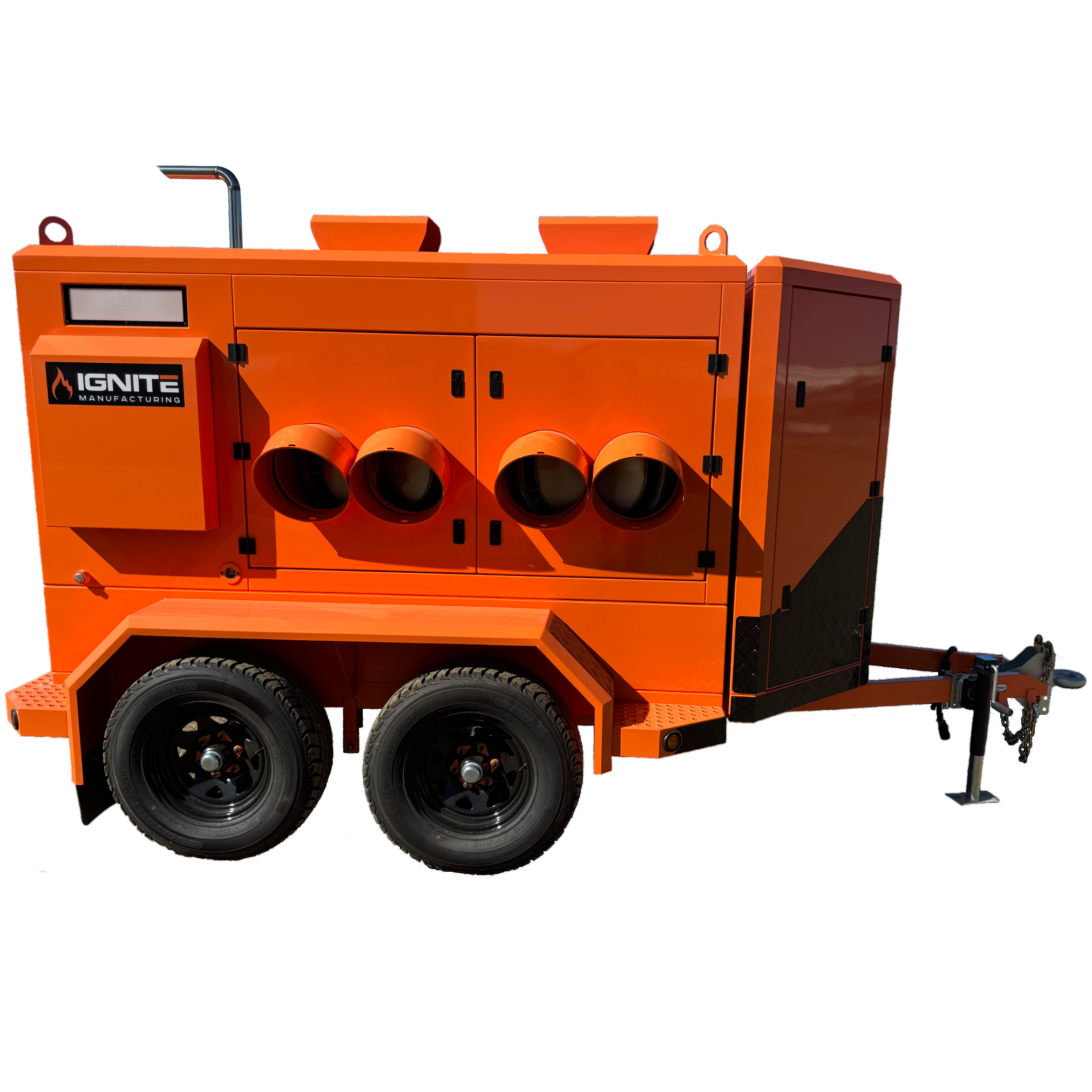 Ignite HT-TB1000 Trailblazer self-contained heat trailer with dual heaters, diesel/kerosene genset, double-walled fuel tank, and storage compartment.